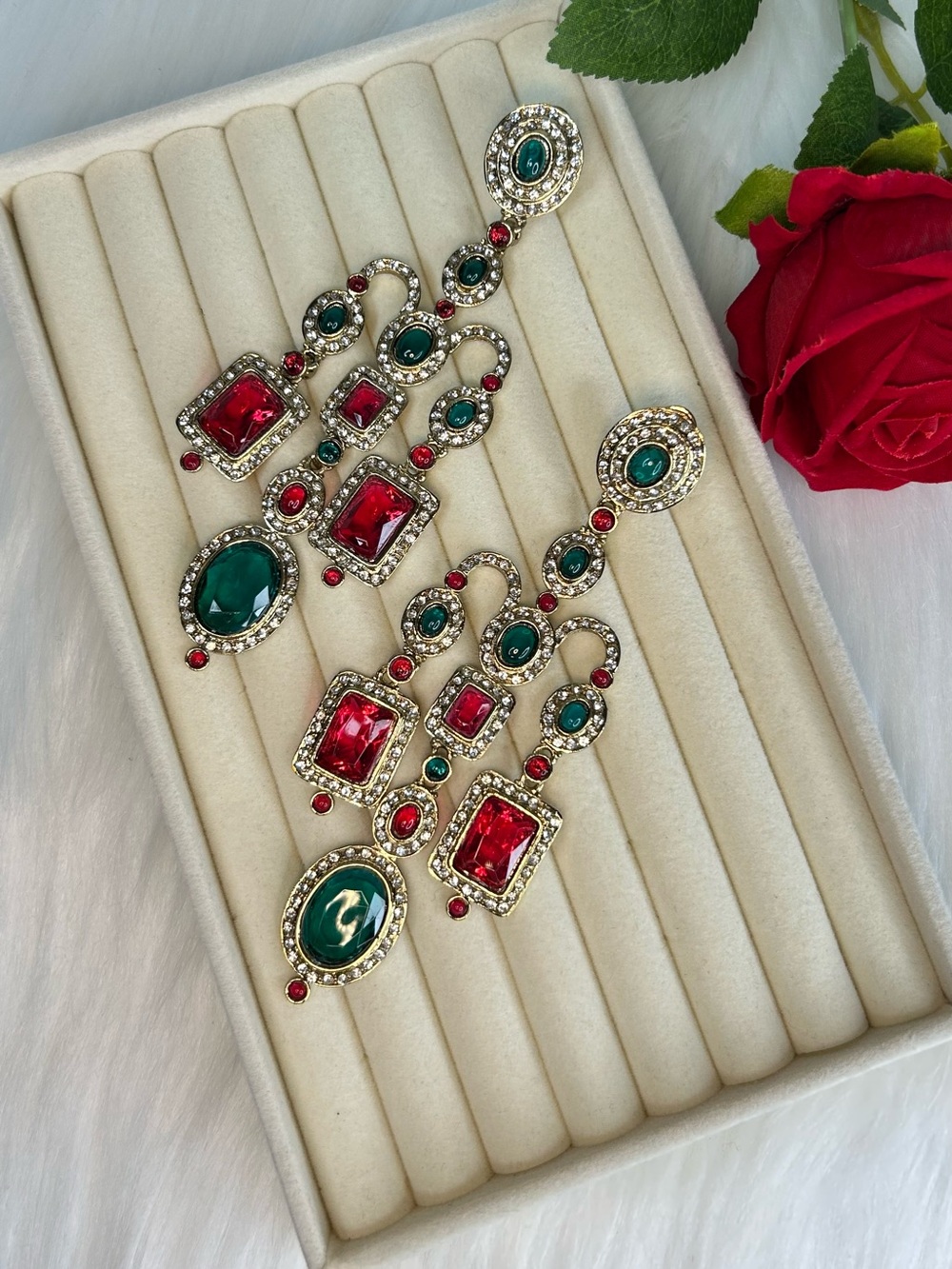 Elegant Green & Red Crystal Ad Statement Earrings
